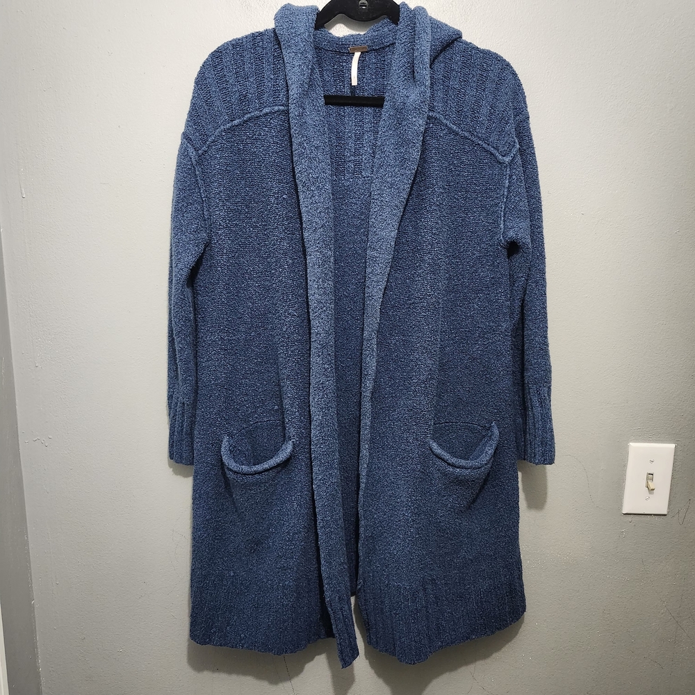 Free People Snow Angel Open Front Hooded Cardigan in Denim Blue Size S